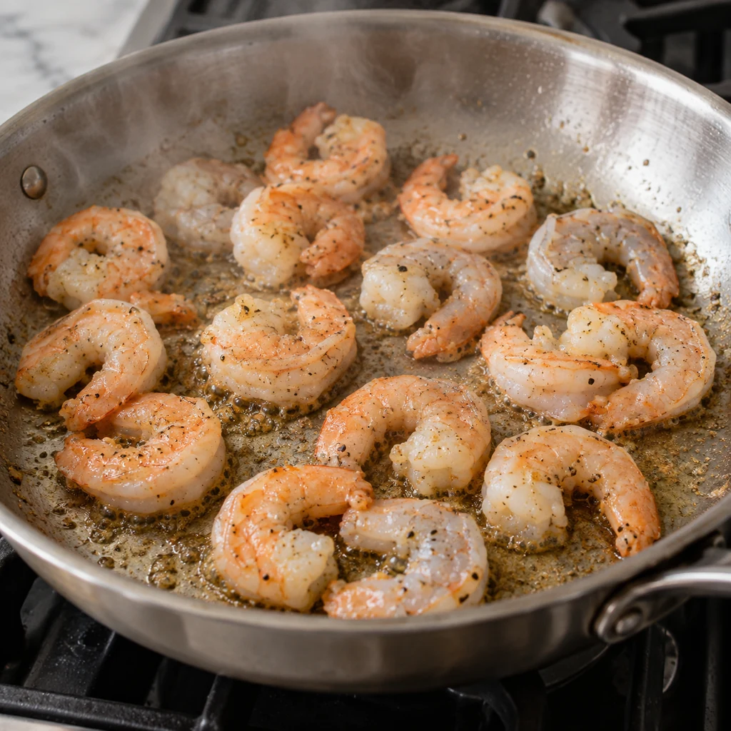 Shrimp cooking in olive oil in a wide skillet