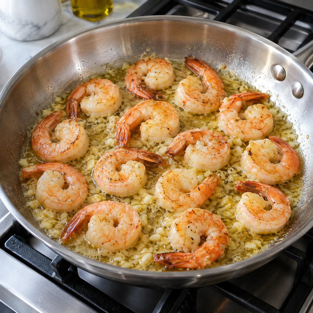 Large shrimp cooking in a single layer in garlic butter