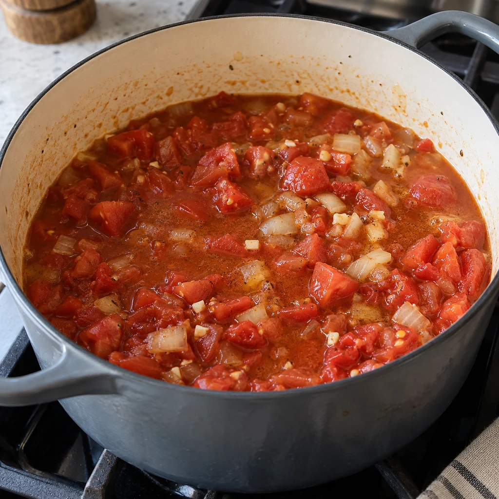 Fresh chopped tomatoes, softened onion, garlic, and vegetable broth combined in a pot before simmering