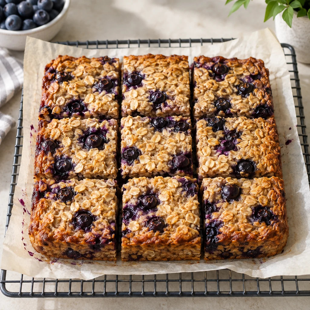 Cooled blueberry oatmeal bake sliced into nine squares on a wire rack