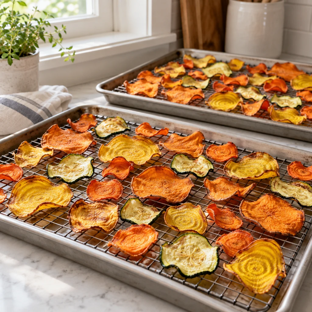 Baked sweet potato, golden beet, zucchini and carrot chips cooling in one layer on wire racks