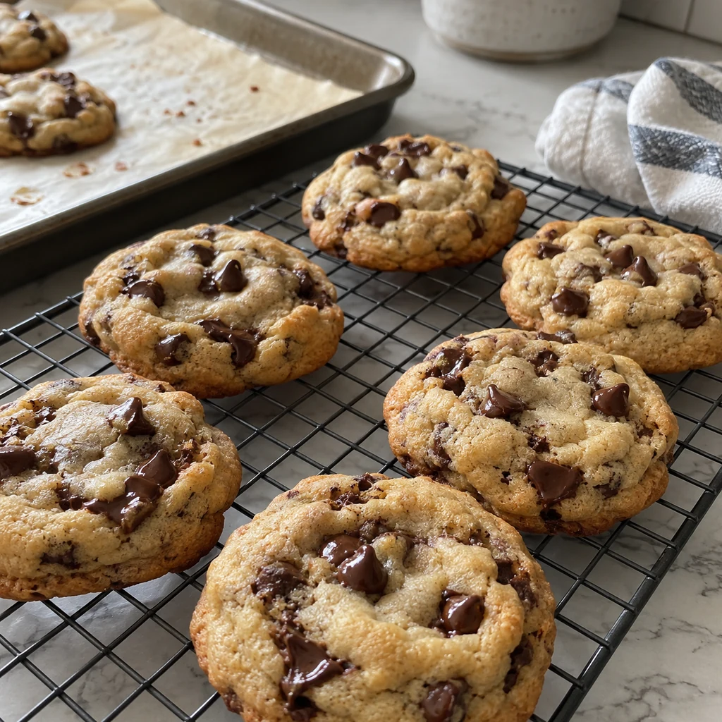 Freshly baked soft chocolate chip cookies cooling on a wire rack