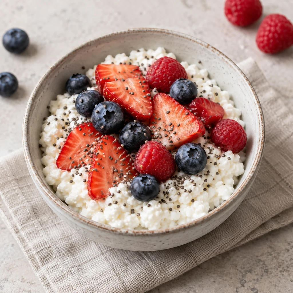 Cottage cheese topped with strawberries, blueberries, raspberries, and chia seeds