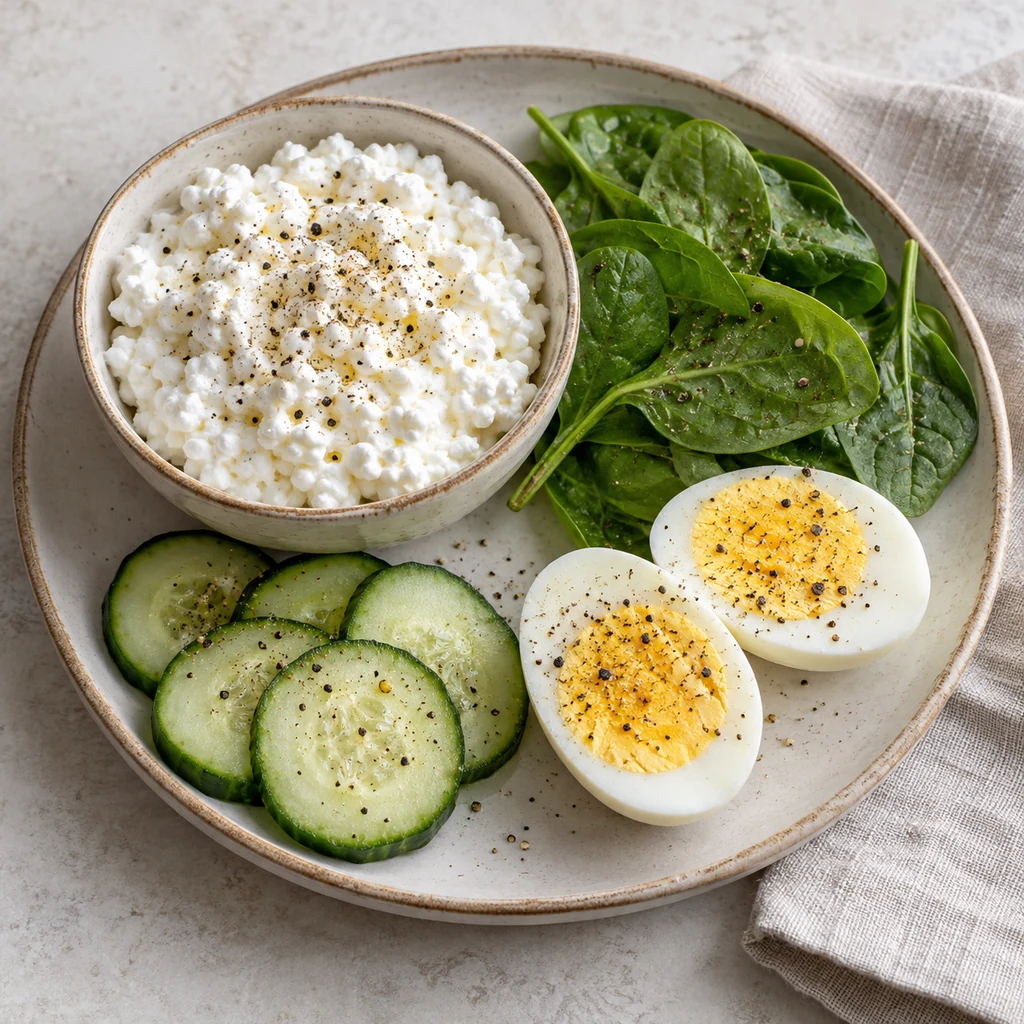 Cottage cheese with sliced hard-boiled egg, cucumber rounds, baby spinach, and black pepper