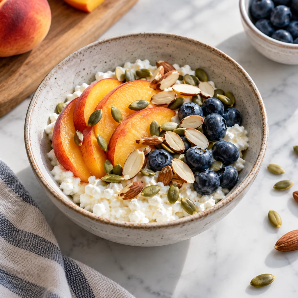 Cottage cheese breakfast bowl with peaches, blueberries, almonds, and seeds.