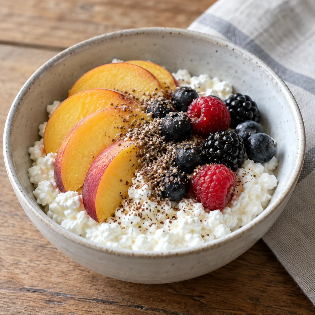 Cottage cheese bowl topped with peaches, berries, and flaxseed