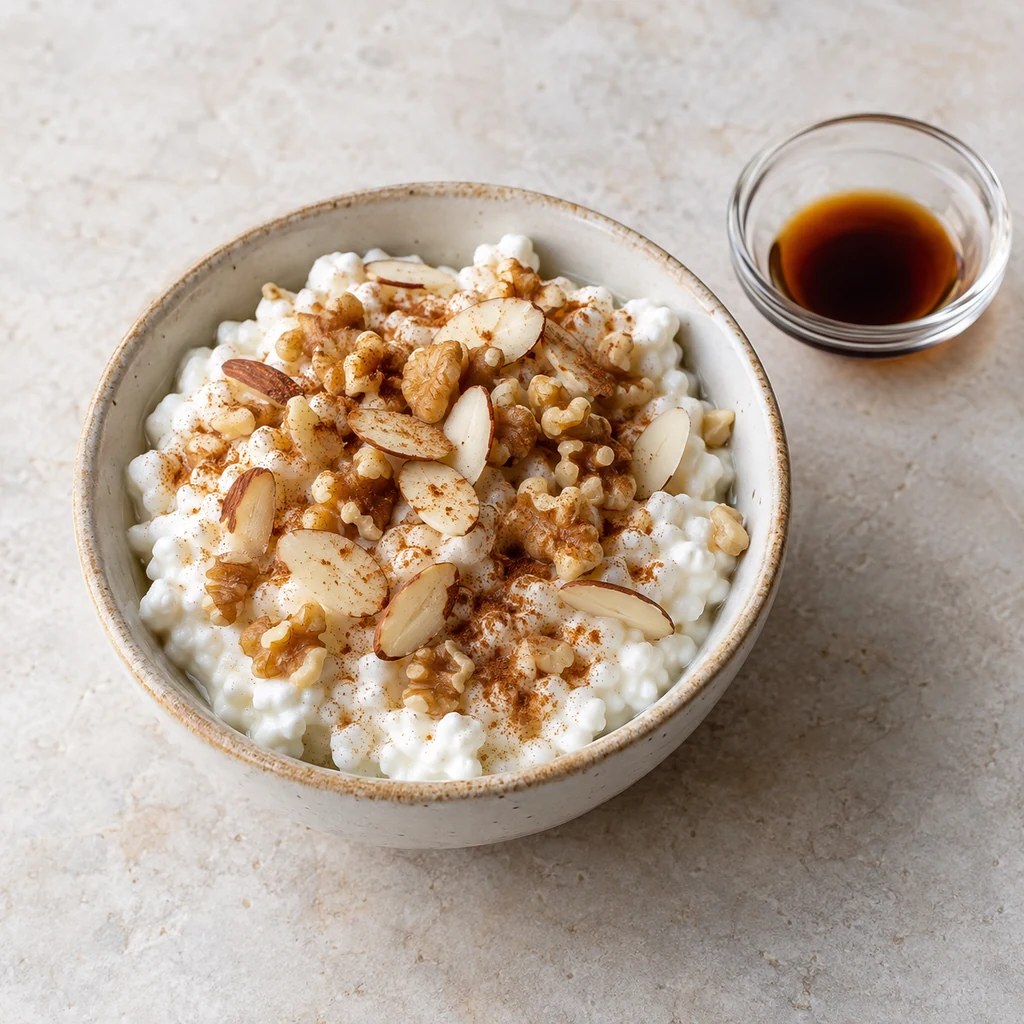 Cottage cheese topped with walnuts, almonds, cinnamon, and vanilla