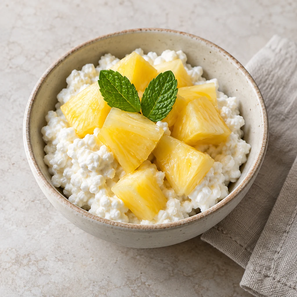 Cottage cheese topped with unsweetened pineapple chunks and fresh mint