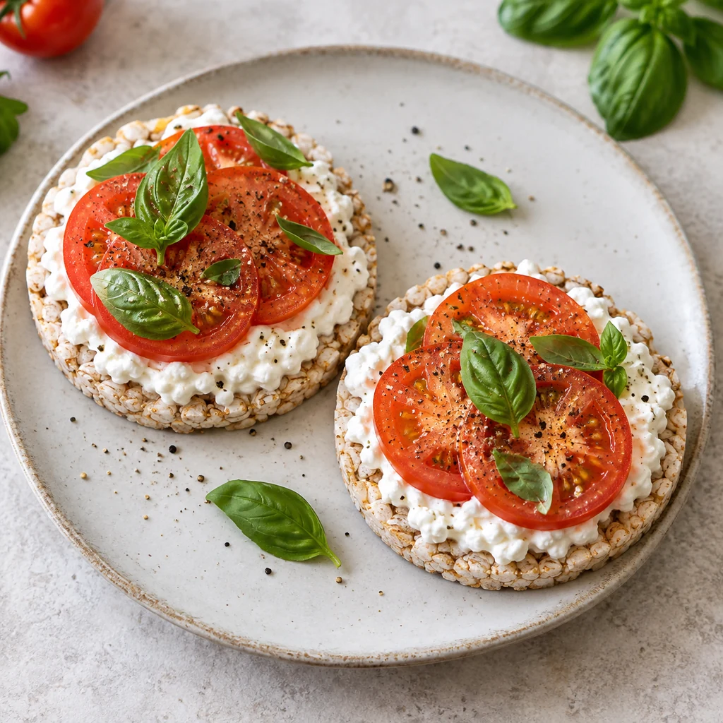 Whole-grain rice cakes topped with cottage cheese, tomato slices, basil, and black pepper