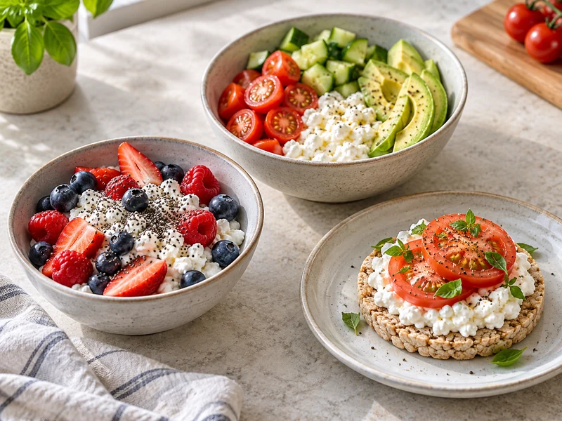 Three cottage cheese snack ideas with berries, vegetables, and a tomato rice cake.