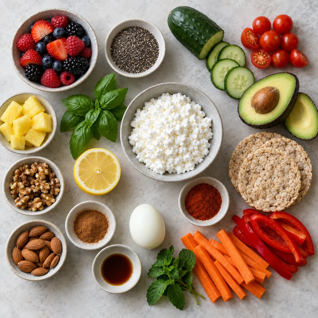 Cottage cheese with berries, vegetables, fruit, rice cakes, nuts, spices, and egg for seven snack ideas