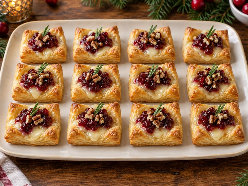 Twelve golden cranberry brie puff pastry bites on a holiday platter