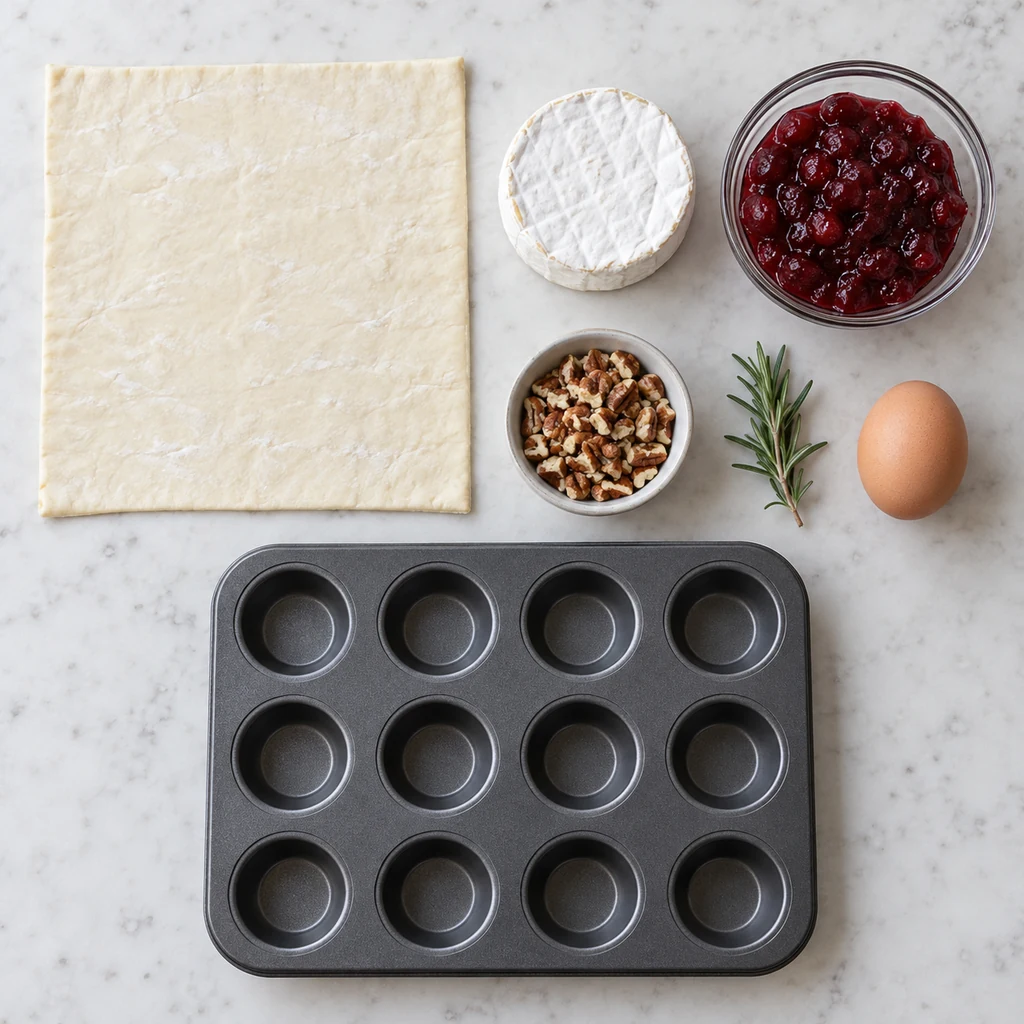 Puff pastry, brie, cranberry sauce, pecans, rosemary, egg, and mini muffin pan