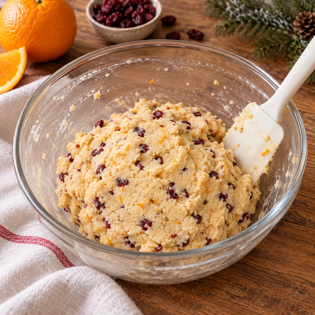 Firm cranberry orange shortbread dough mixed in a glass bowl