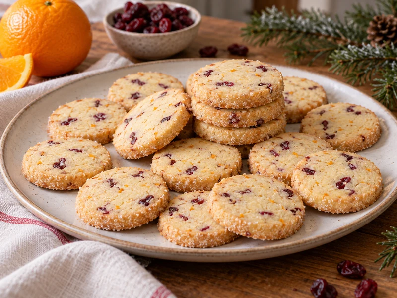 Cranberry orange shortbread cookies with clean round slices and sparkling sugar edges