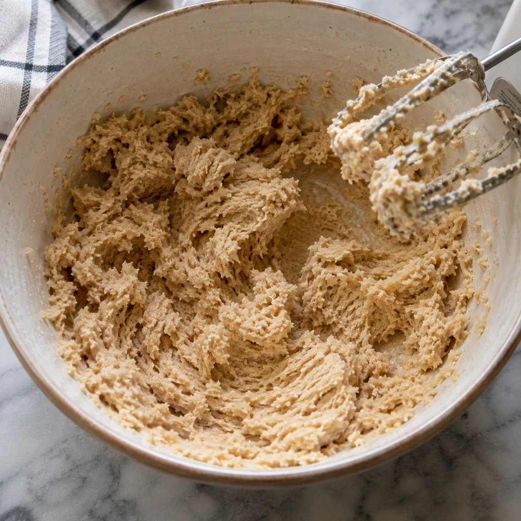 Softened butter and two sugars beaten into a fluffy mixture in a bowl