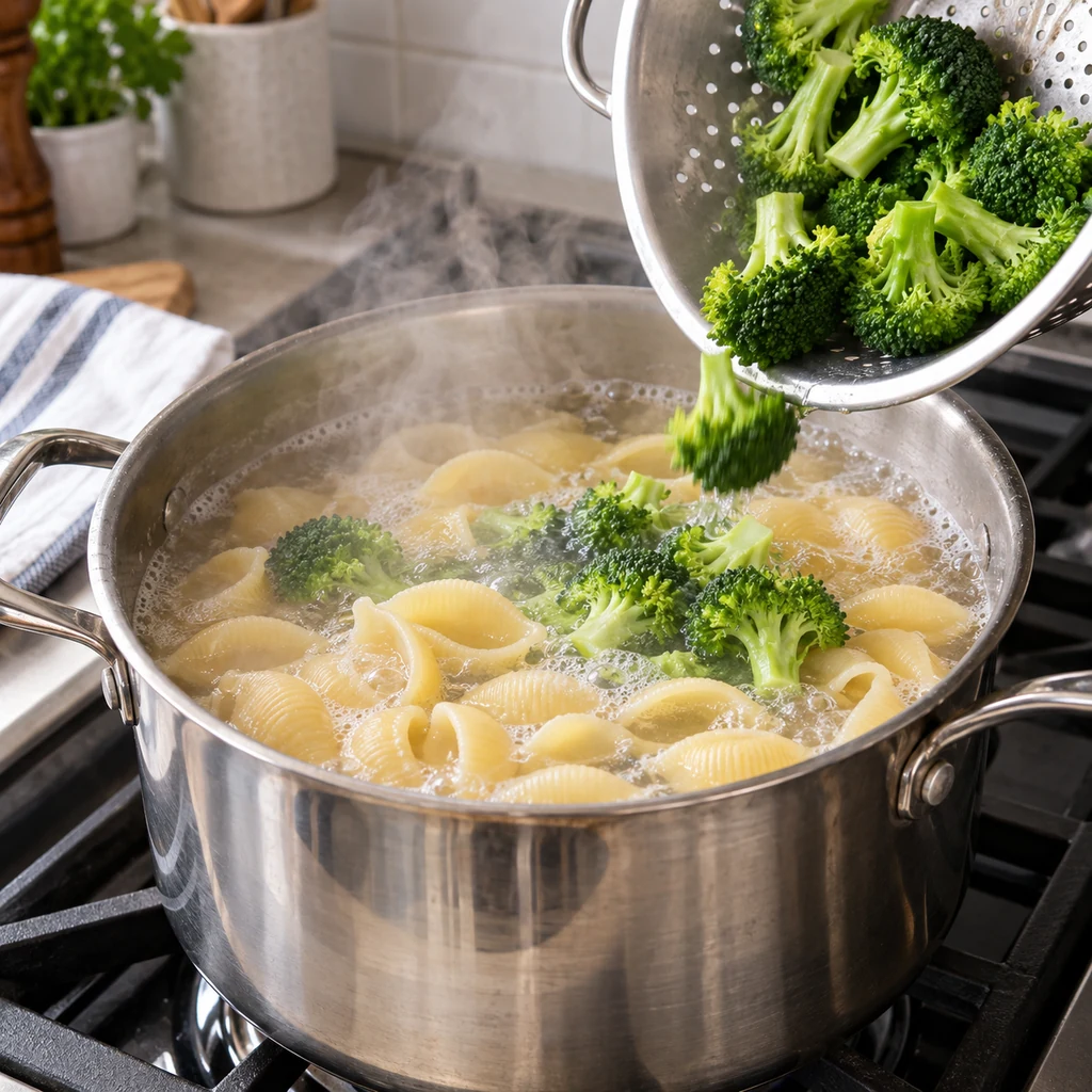 Pasta shells boiling while broccoli florets are added during the final minutes