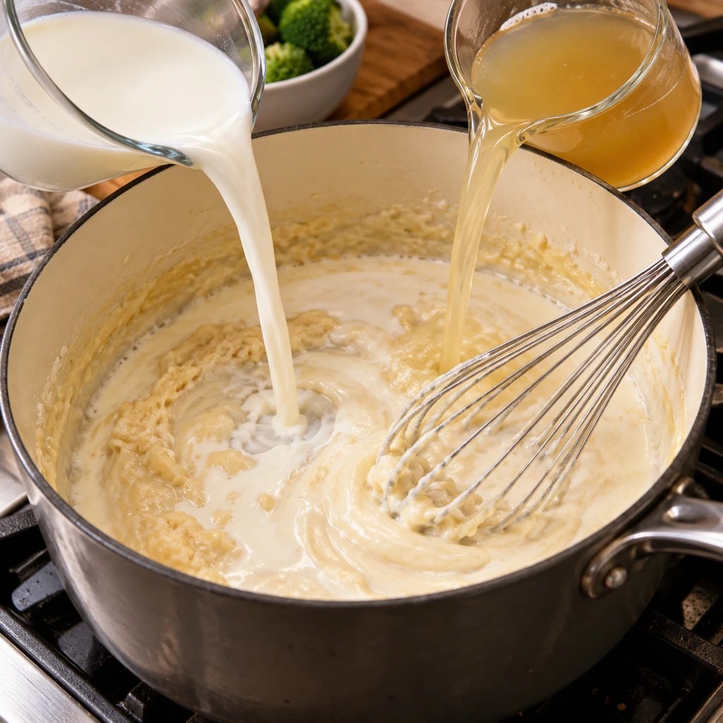 Milk and chicken broth being whisked into a butter and flour roux