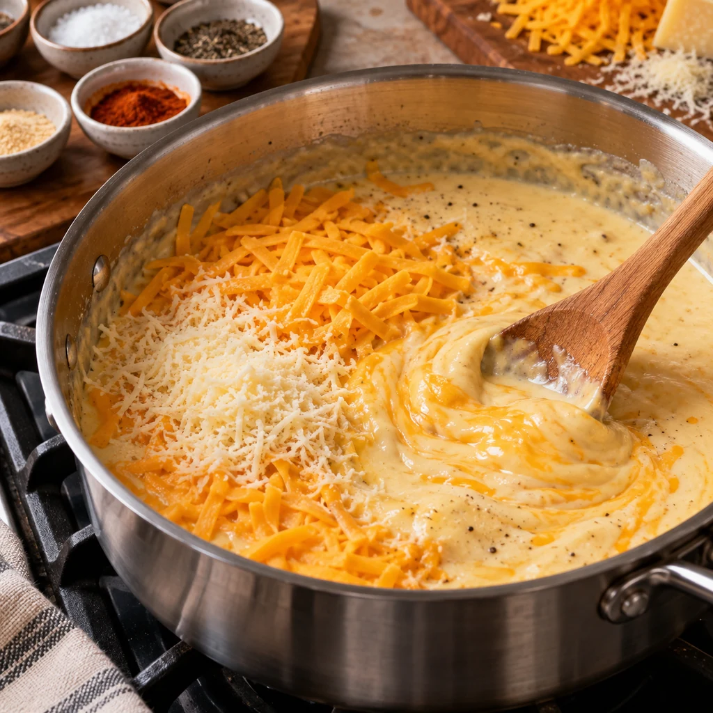 Cheddar and Parmesan melting into a creamy sauce with seasonings nearby