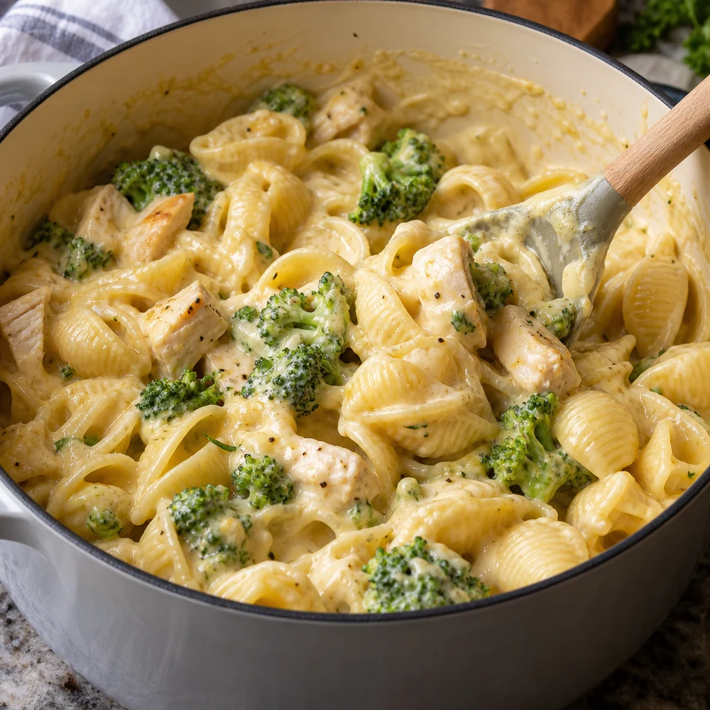 Cooked pasta shells, broccoli, and chicken folded into creamy cheese sauce