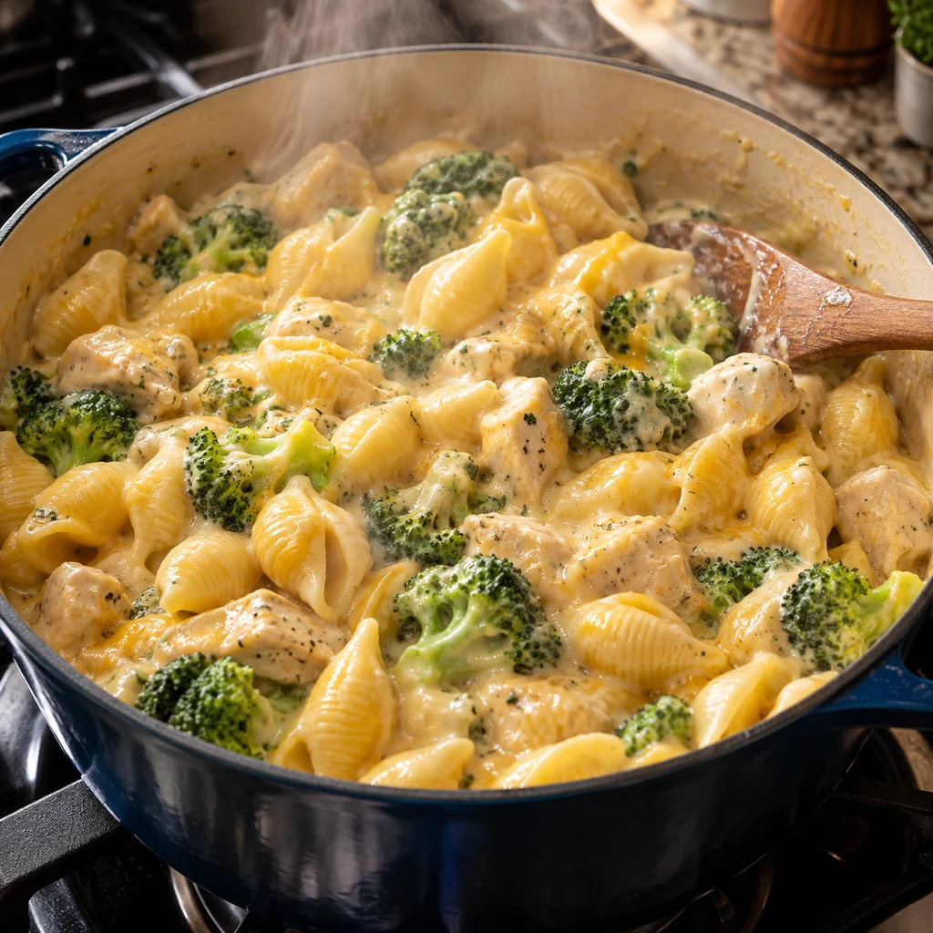 Creamy chicken broccoli pasta simmering gently until hot and glossy