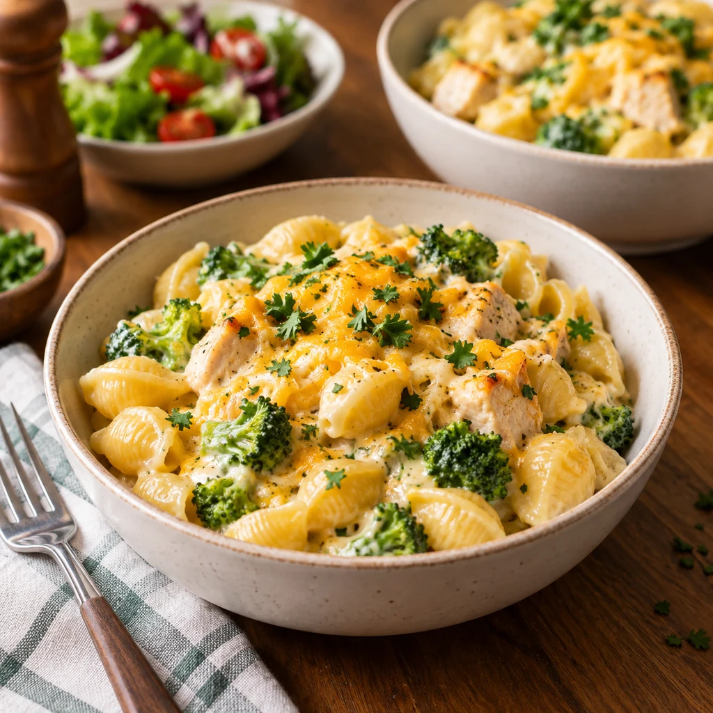 Creamy broccoli chicken shells and cheese served warm with parsley and extra cheese