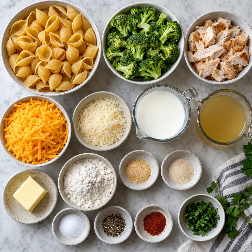 Ingredients for creamy broccoli chicken shells and cheese arranged before cooking