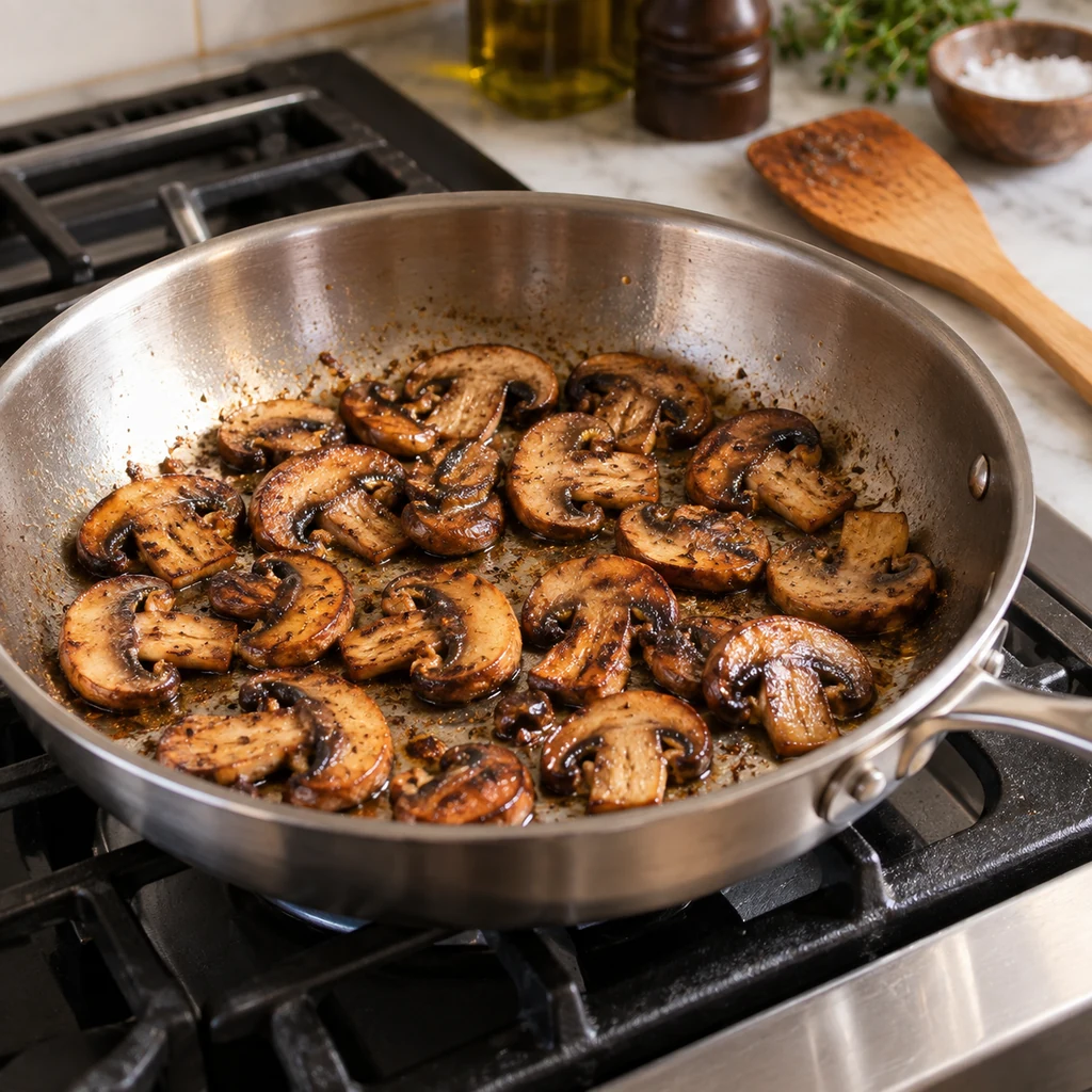 Sliced cremini mushrooms browned in a wide skillet