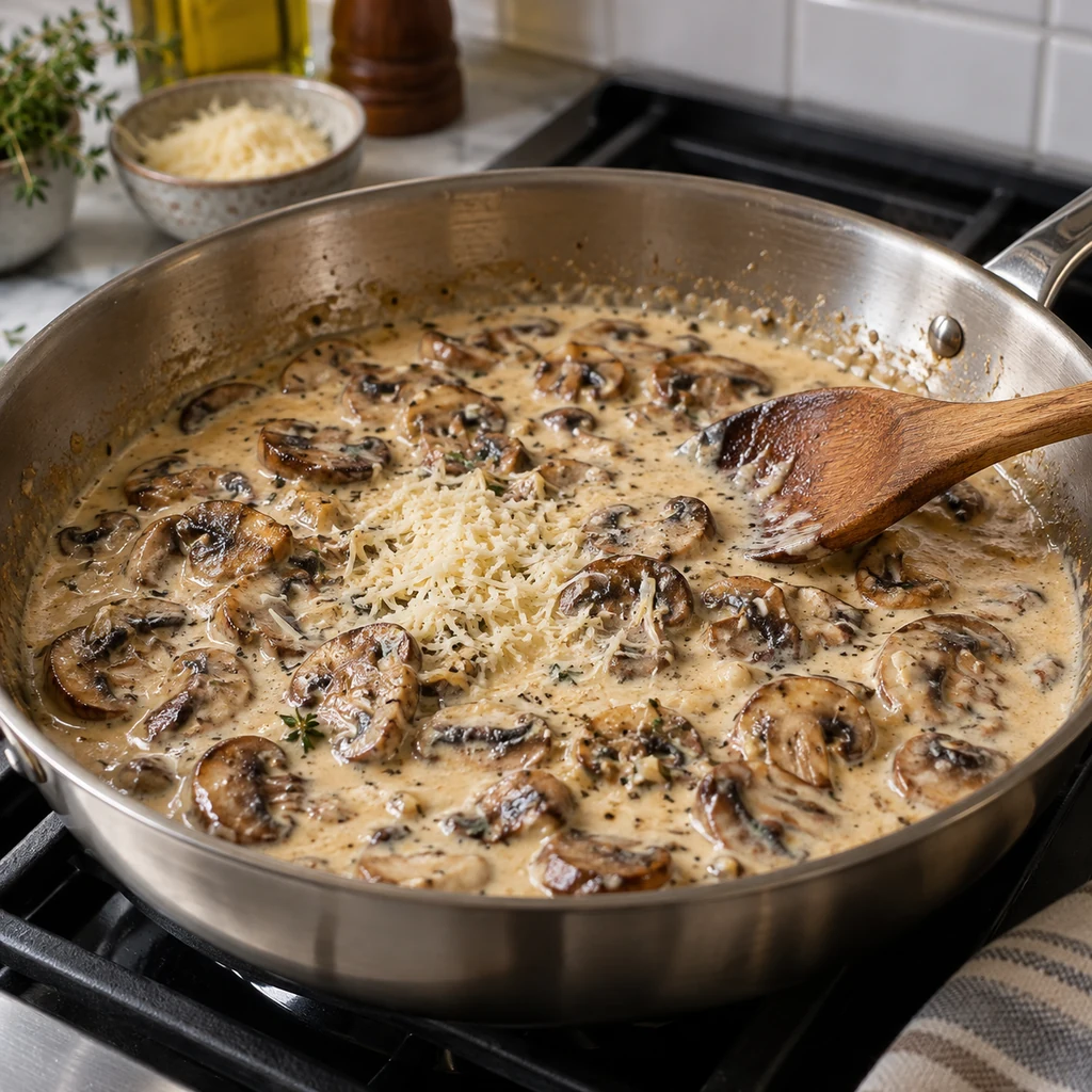 Garlic cream sauce with browned mushrooms simmering in a skillet