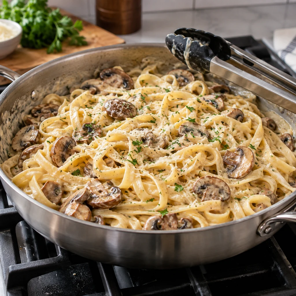 Fettuccine tossed with mushroom Parmesan cream sauce