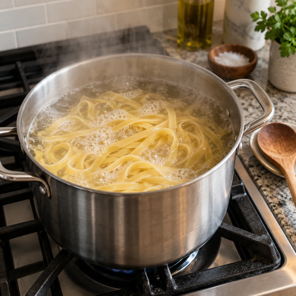 Fettuccine cooking in salted boiling water