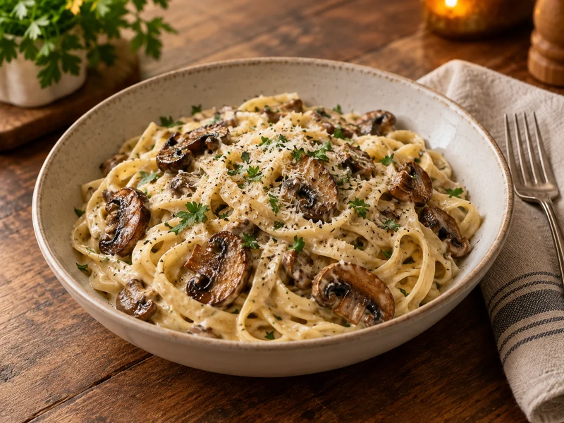 Creamy garlic mushroom pasta with Parmesan and parsley