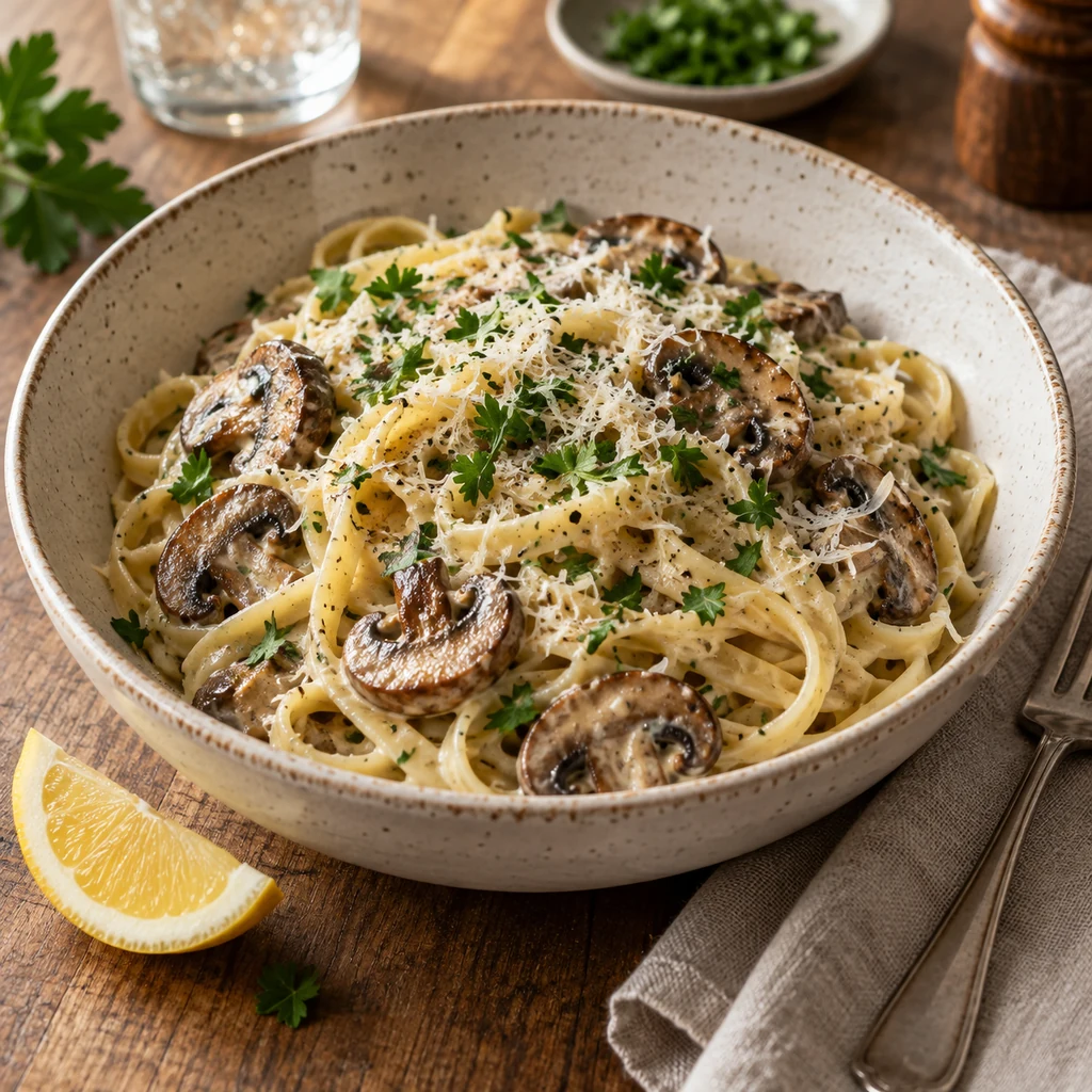 Finished creamy garlic mushroom pasta with Parmesan and parsley