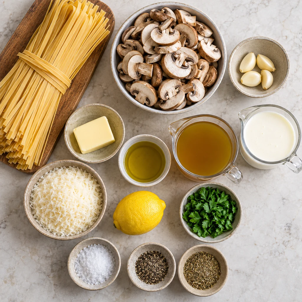 Ingredients for creamy garlic mushroom pasta