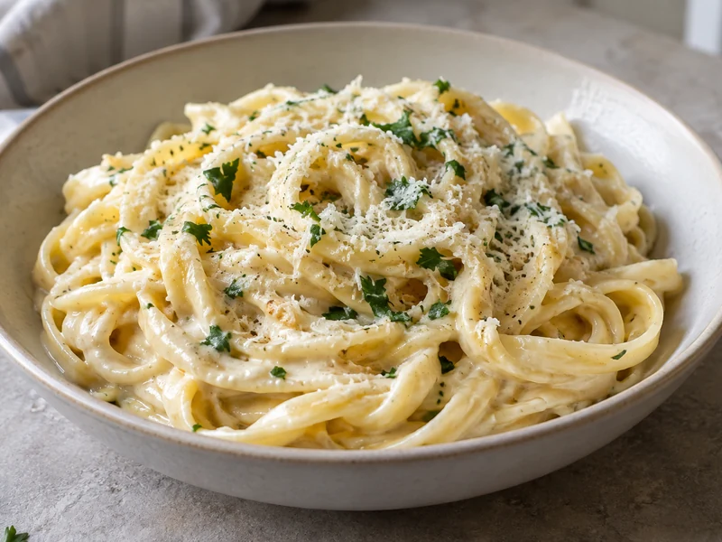 Creamy garlic Parmesan fettuccine with parsley in a ceramic bowl