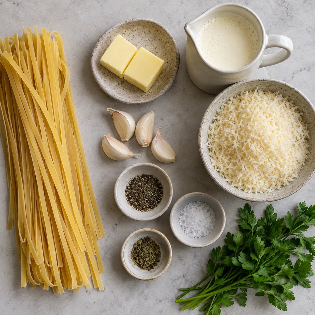 Dry fettuccine, butter, garlic, cream, Parmesan, pepper, salt, basil, and parsley arranged before cooking