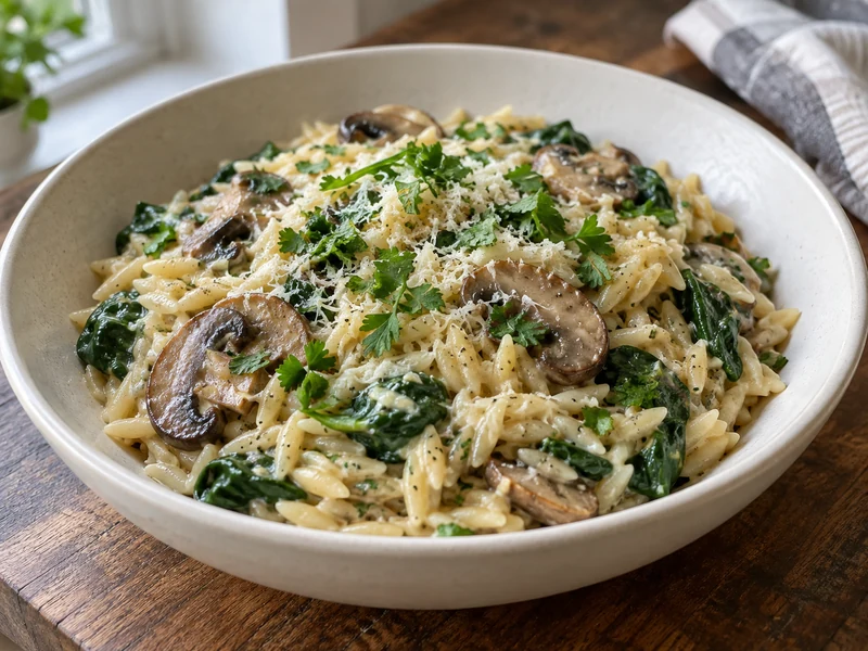 Creamy spinach and mushroom orzo in a bowl with Parmesan and parsley
