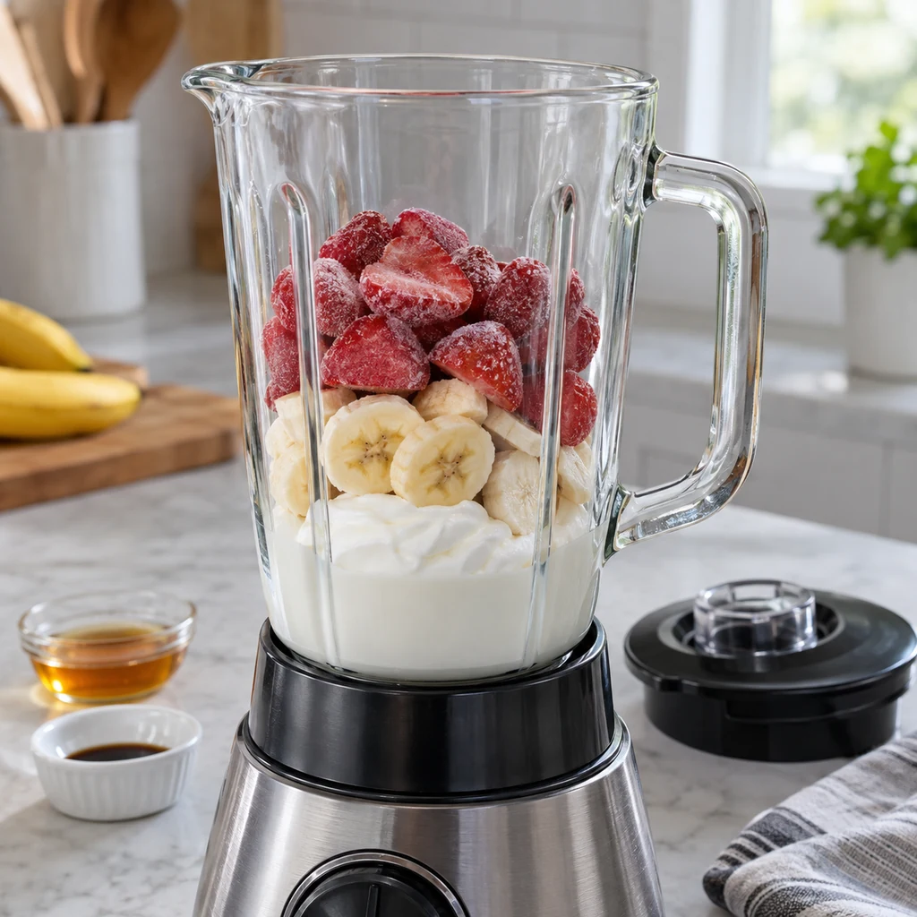 Milk yogurt banana and frozen strawberries layered in a blender