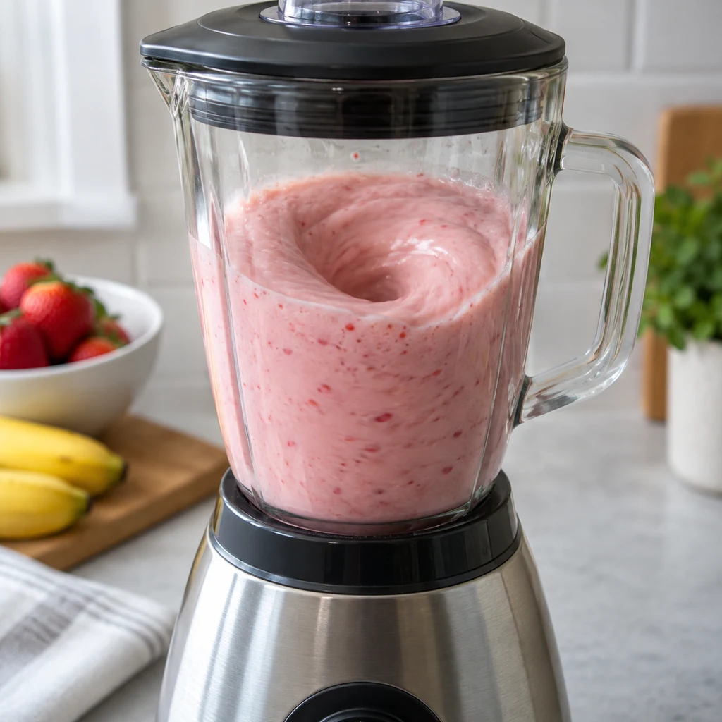 Strawberry banana smoothie blending with the lid secured