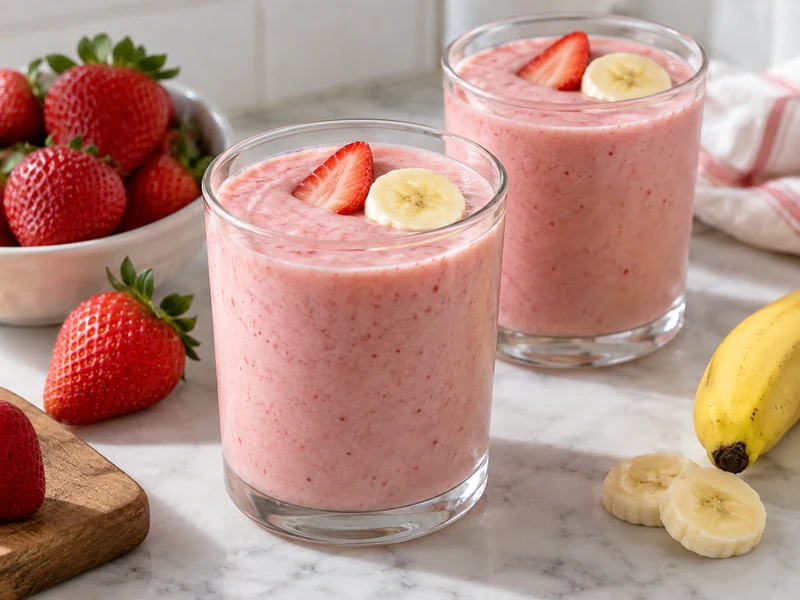 Two creamy strawberry banana smoothies with fresh fruit