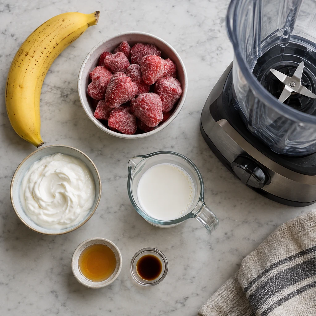 Banana frozen strawberries Greek yogurt milk honey and vanilla for a smoothie