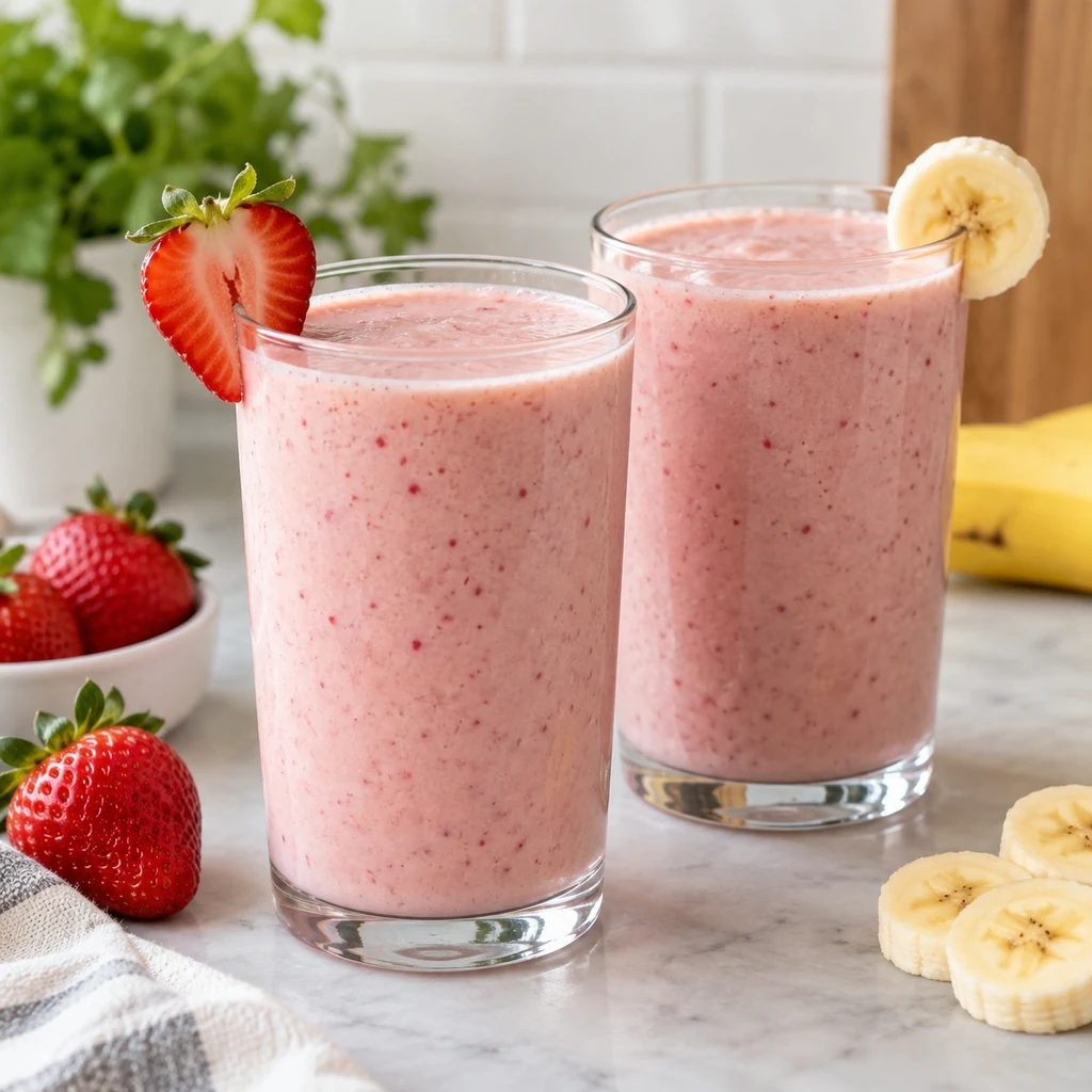 Two glasses of creamy strawberry banana smoothie ready to serve