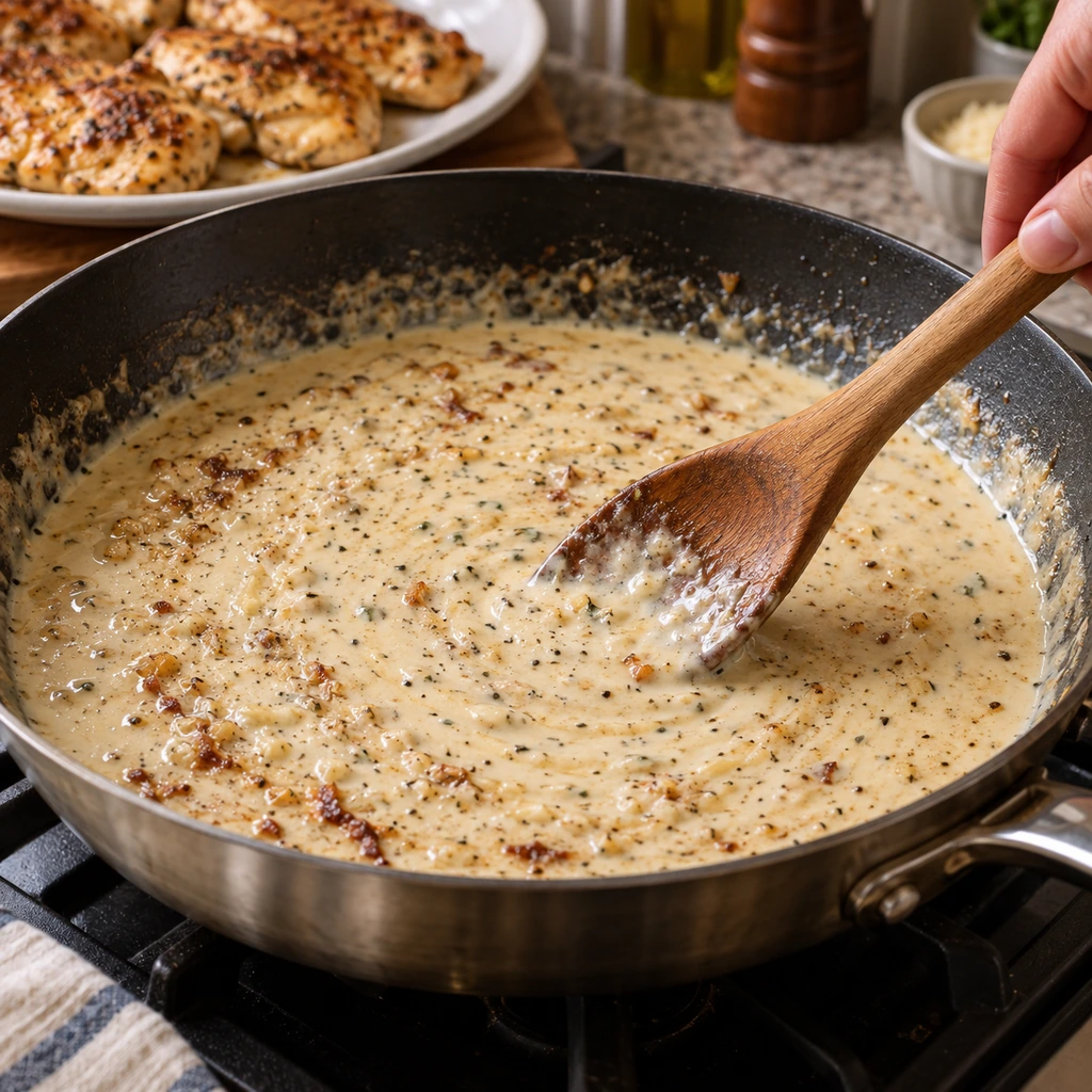Garlic Parmesan cream sauce being stirred in a skillet