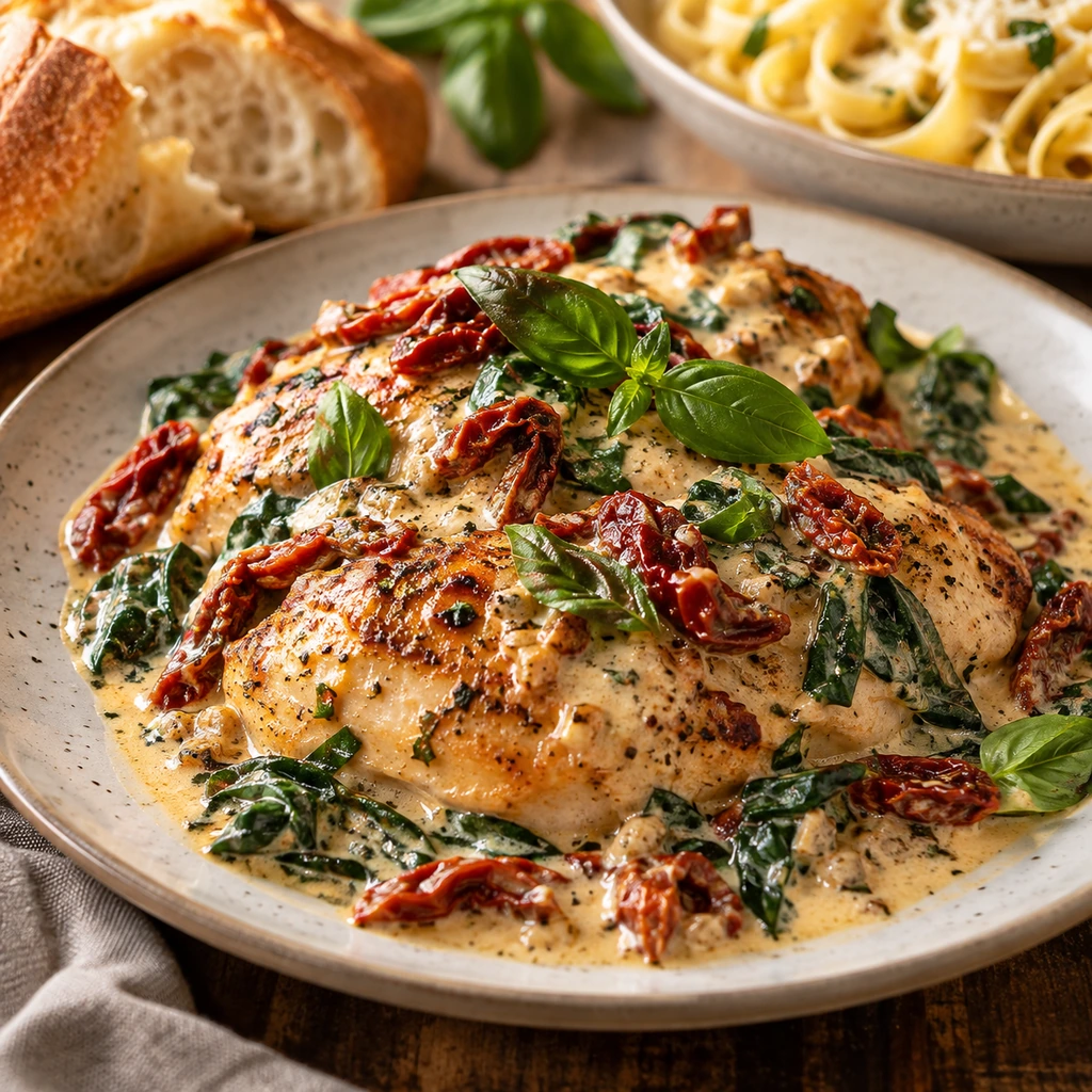 Finished creamy Tuscan chicken garnished with basil