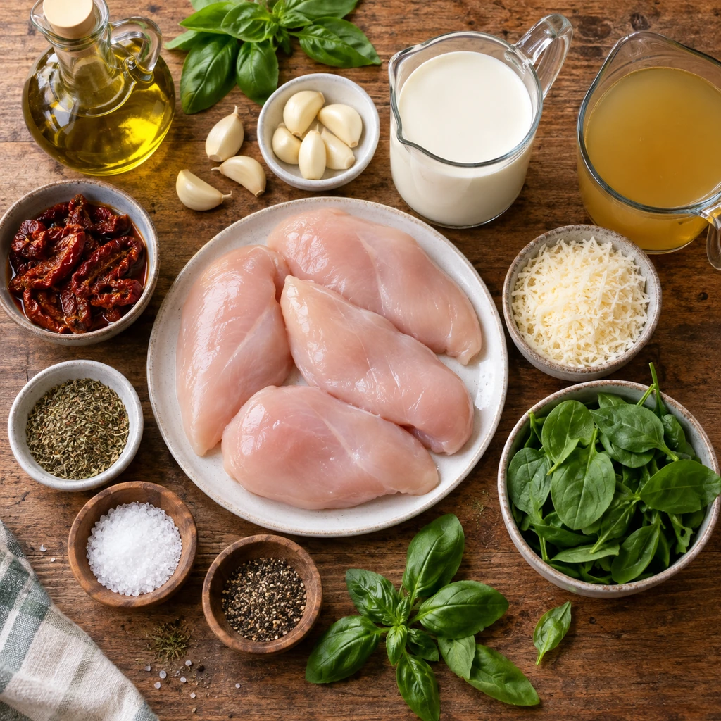 Ingredients arranged for creamy Tuscan chicken