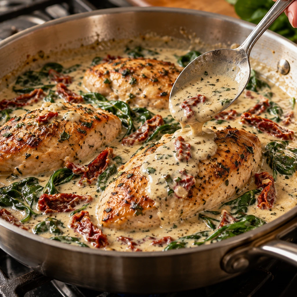 Chicken breasts returning to the creamy Tuscan sauce