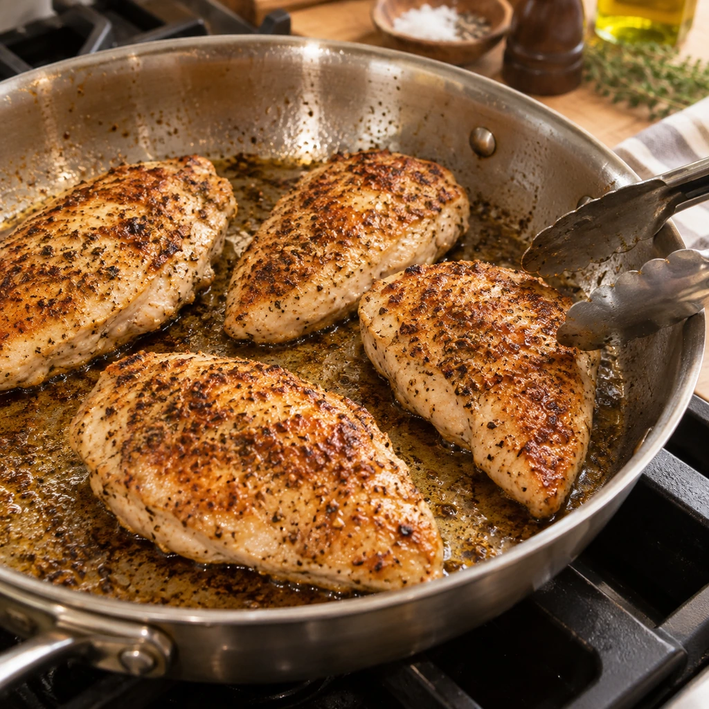 Chicken breasts searing in olive oil until golden