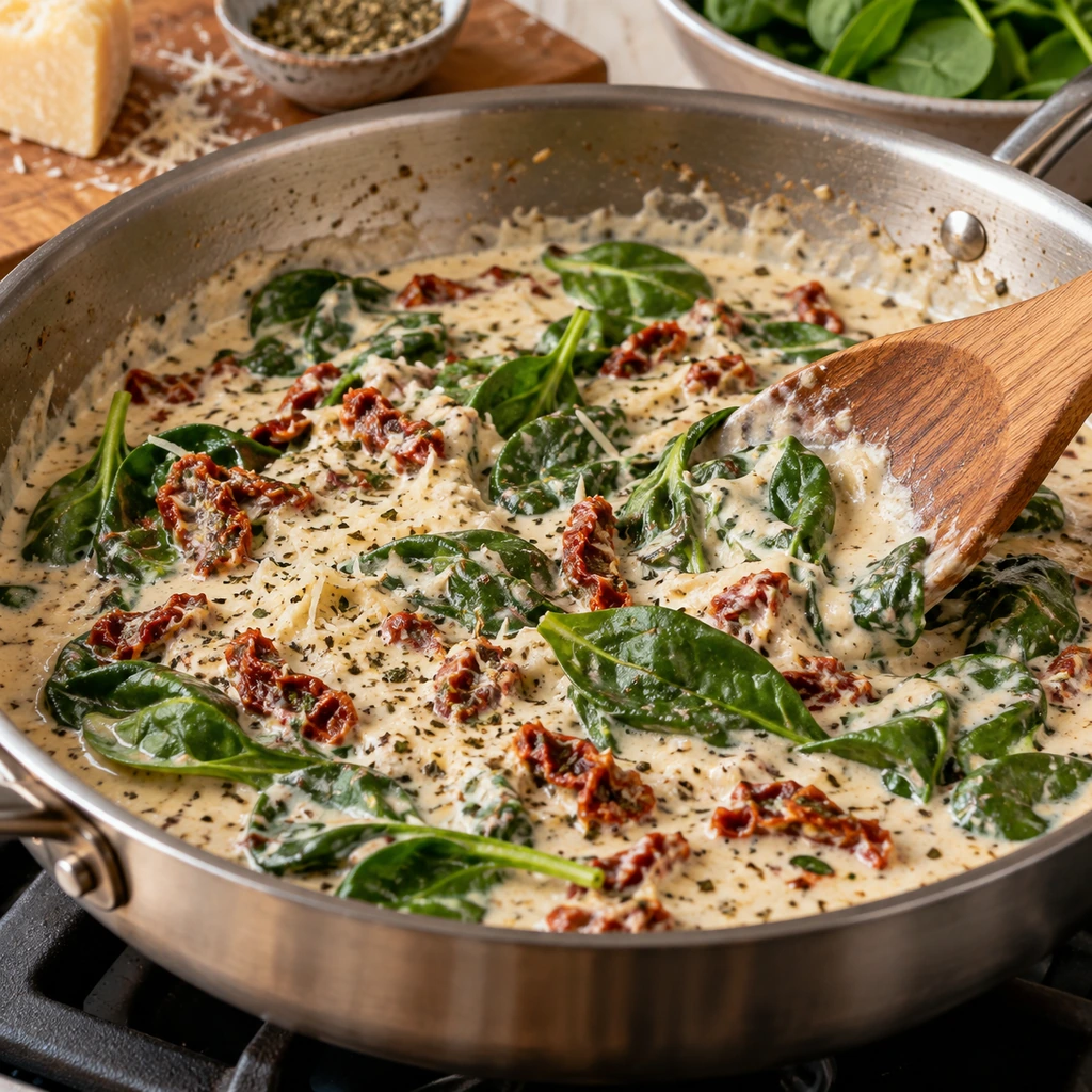 Sun-dried tomatoes and spinach stirred into creamy sauce