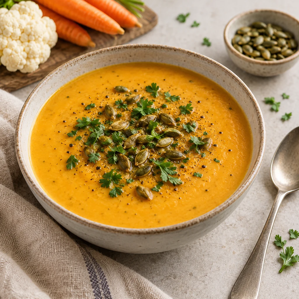 Creamy vegan cauliflower and carrot soup topped with herbs and pumpkin seeds
