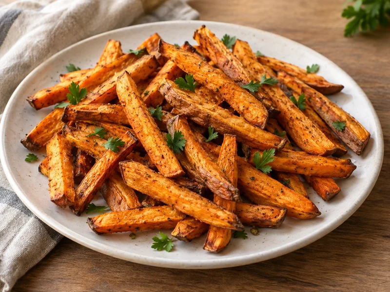 Crispy baked sweet potato fries with browned edges on a ceramic plate